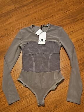 Zara Long Sleeve Contrasting Knit  Ribbed Bodysuit One-Piece
